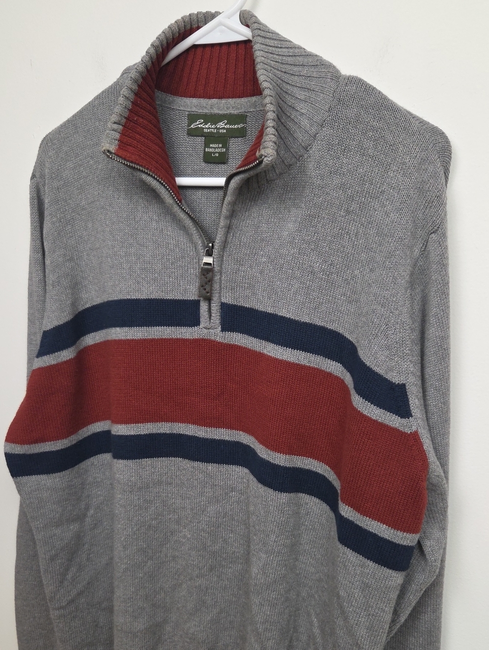 Eddie Bauer Gray, Red, Navy Stripe Half-Zip Preppy Collared Chunky Sweater Large